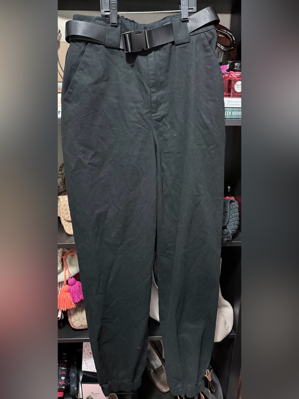 TNA Black High-Waist Paperbag Pants with Webbing Belt